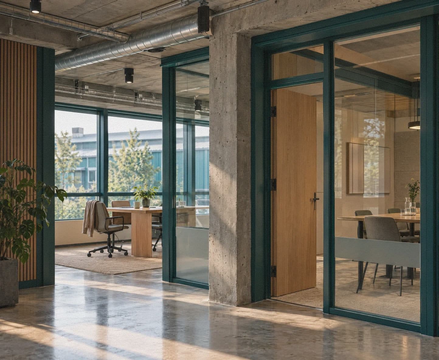 Glassvegger og møterom i et moderne kontor
