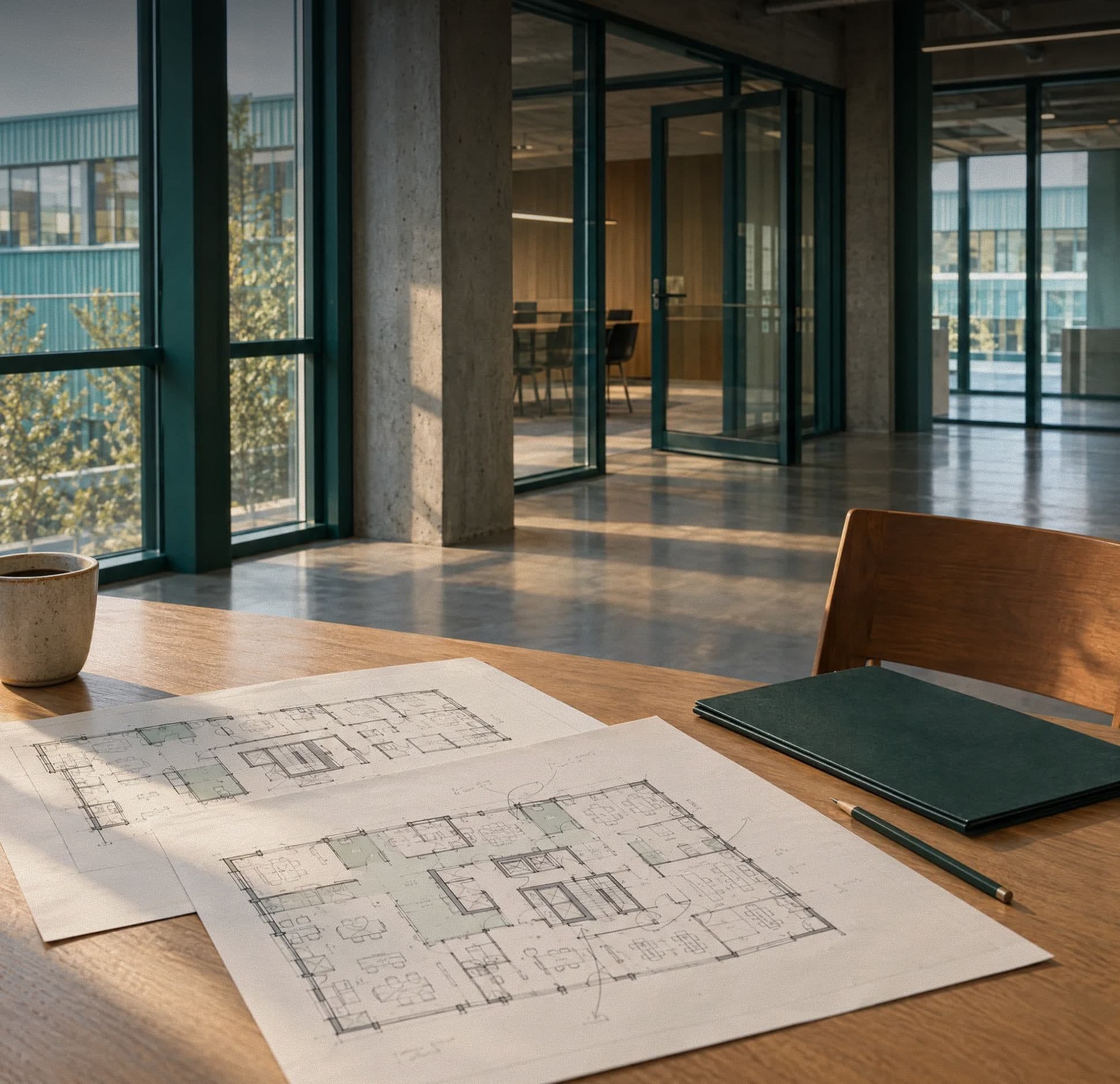 Arbeidsbord med tegninger i et kontor med utsikt